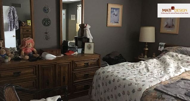 Picture of bedroom before | A staged living room rich in blues | MatiDesign Interior Decorating And Home Staging London Ontario